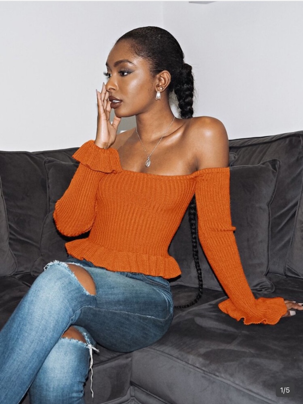 SHEIN Off Shoulder Ruffle Trim Rib-knit Sweater